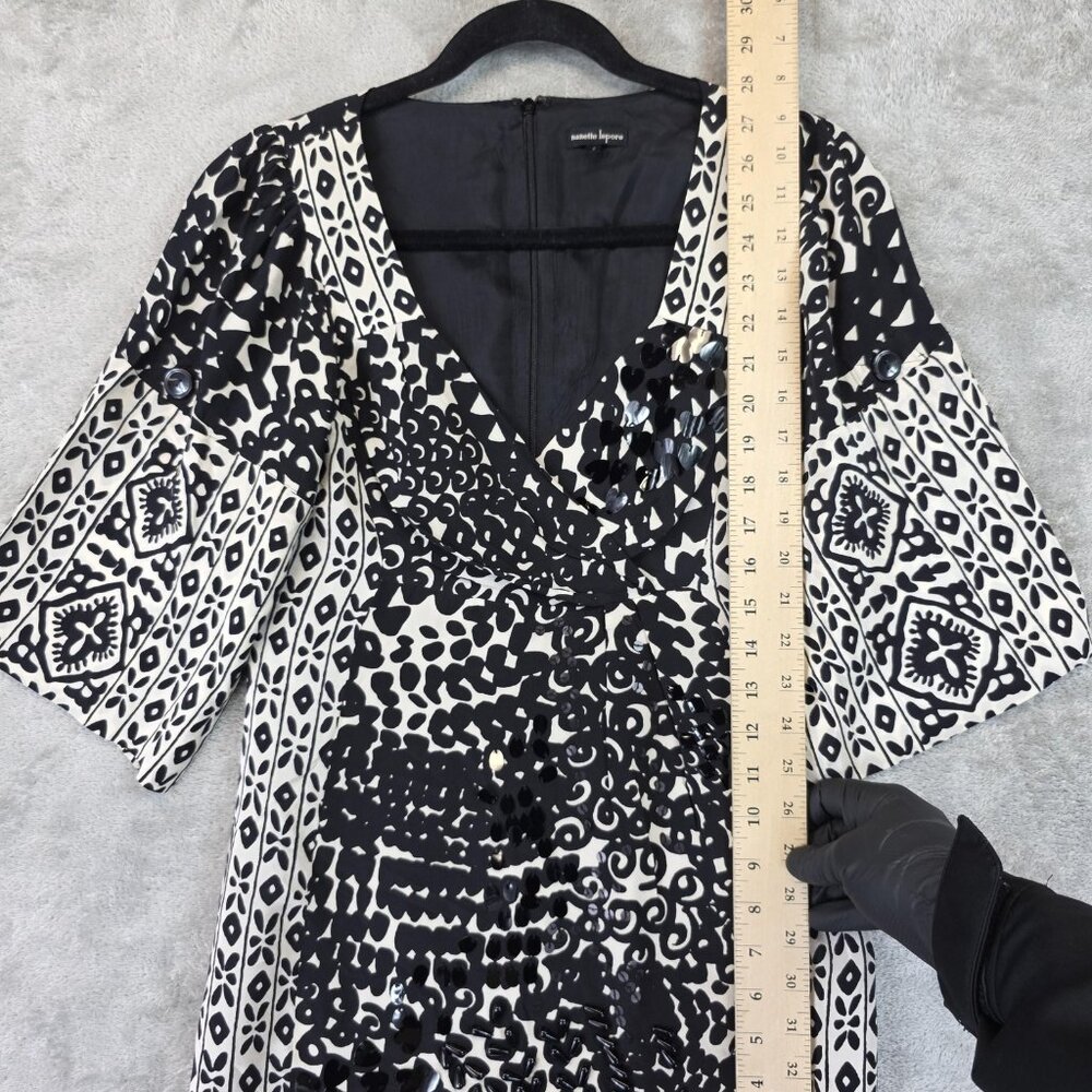 Vintage Nanette Lepore Blouse Womens 2 Black White Silk Sequin Embellished Boho - Picture 5 of 14